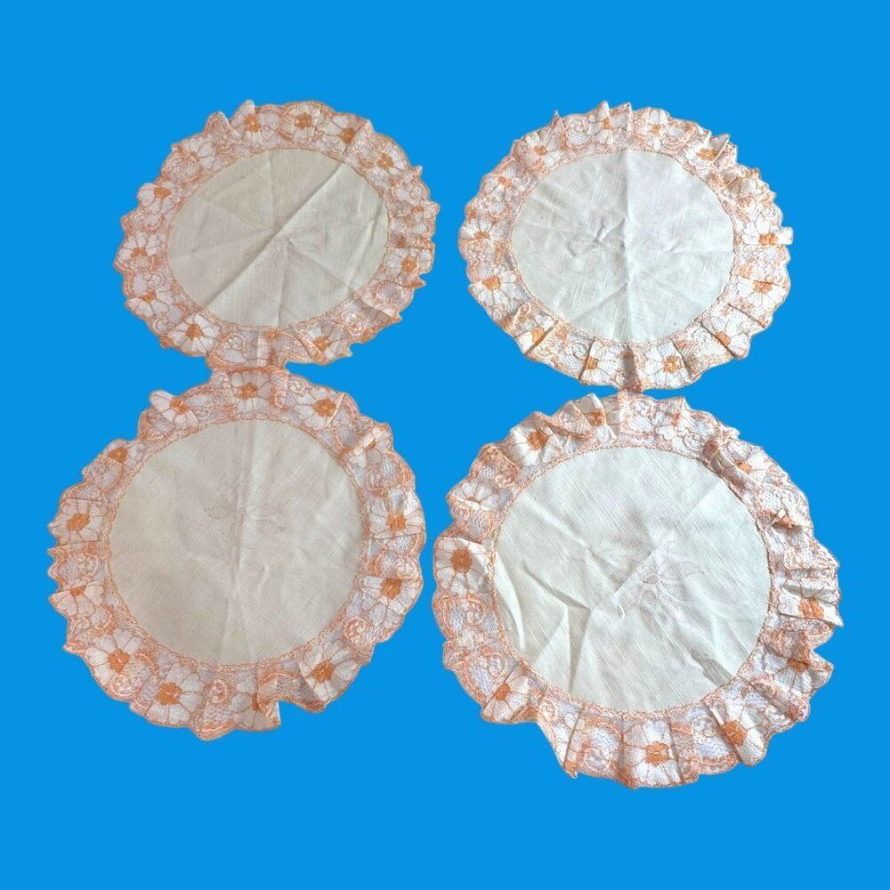 Vintage Linen Doilies Orange Floral Lace Trim Set 4 For 9" Dinner Plate Pan Pot